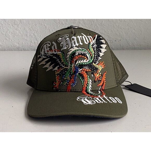 Ed Hardy Trucker Hat Embroidered Rhinestone Dragon Tattoo Snapback Cap Green NEW - Picture 2 of 14